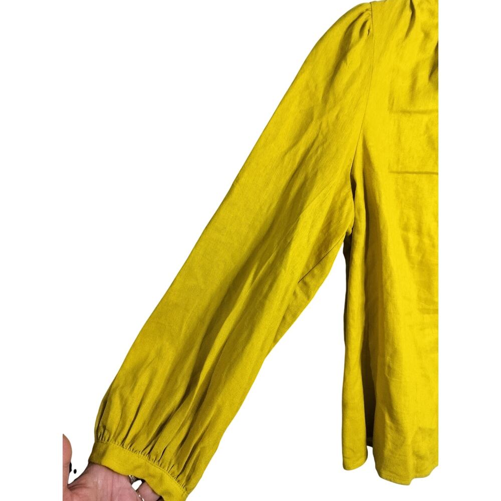 5578)Who What Wear L Chartreuse Yellow Peasant Linen Blend Button Front Blouse - Picture 5 of 8